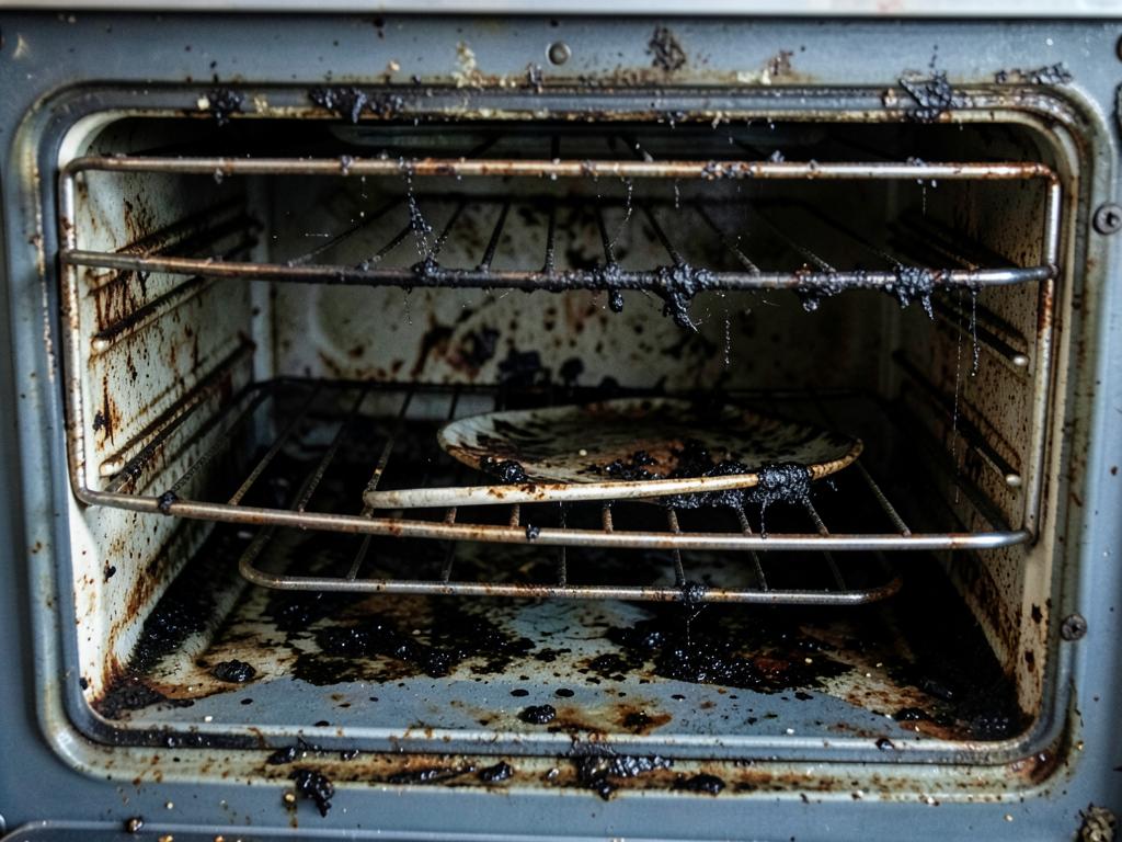 Oven interior covered in burnt grease before cleaning