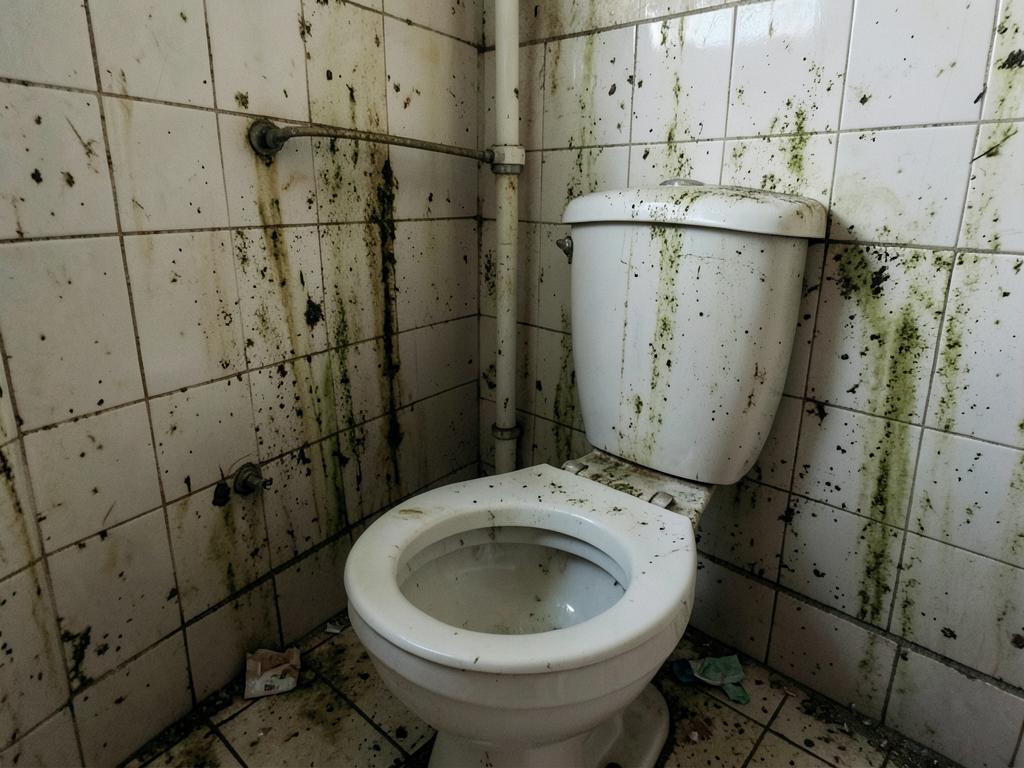 Dirty stained bathroom toilet and tiles before cleaning