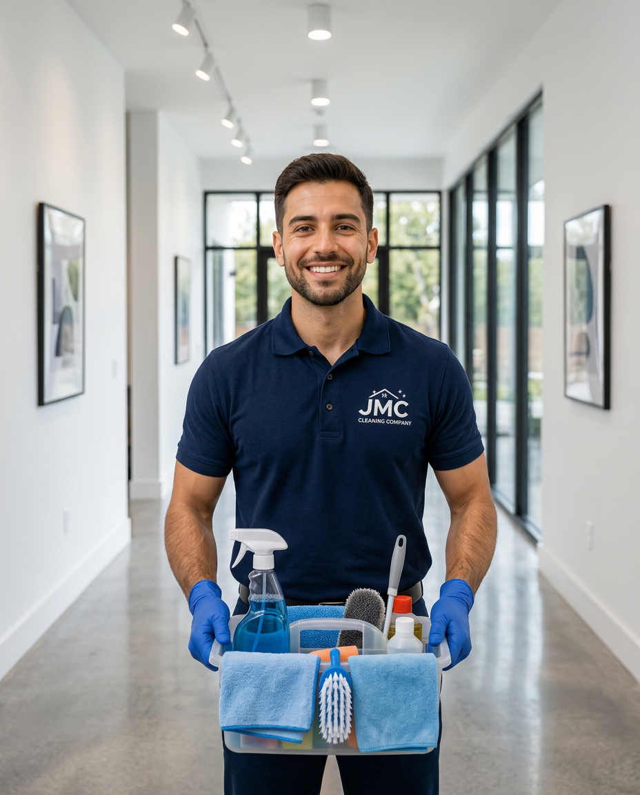 JMC Cleaning Company team member ready to start a cleaning appointment in a London home