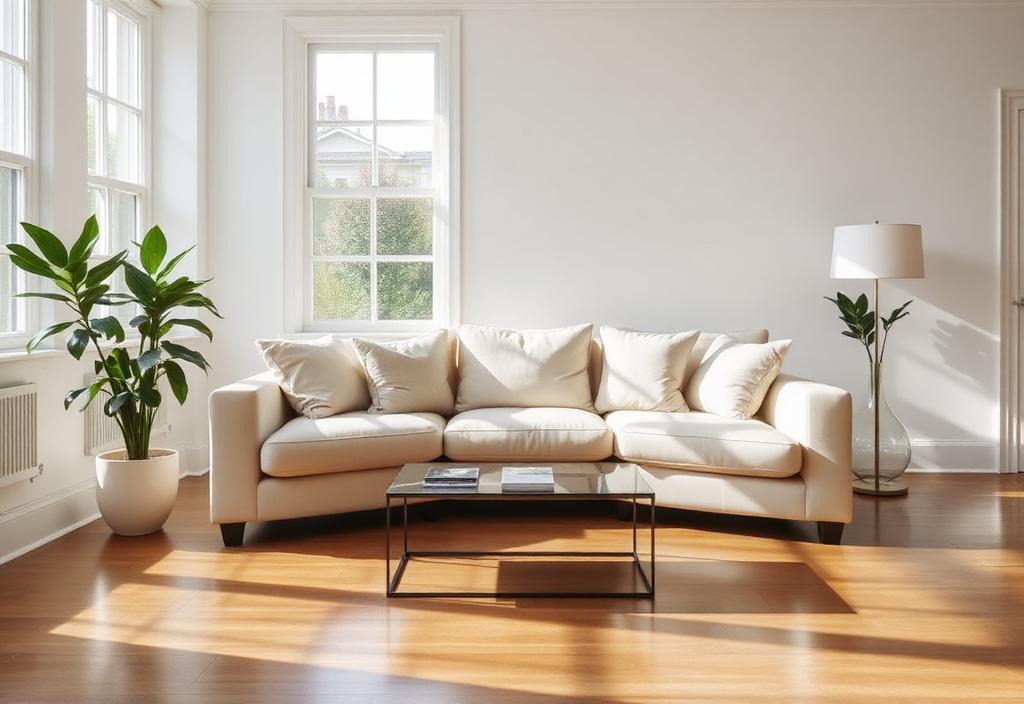 Bright, freshly cleaned living room with plumped cushions and spotless floors