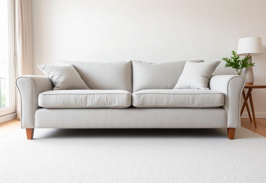 Freshly steam cleaned fabric sofa and carpet in a bright living room