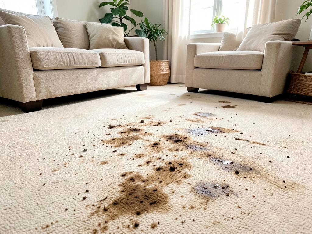 Living room carpet with heavy stains before cleaning
