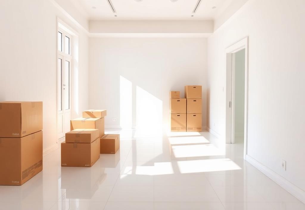 Empty apartment with moving boxes and spotless floors ready for handover