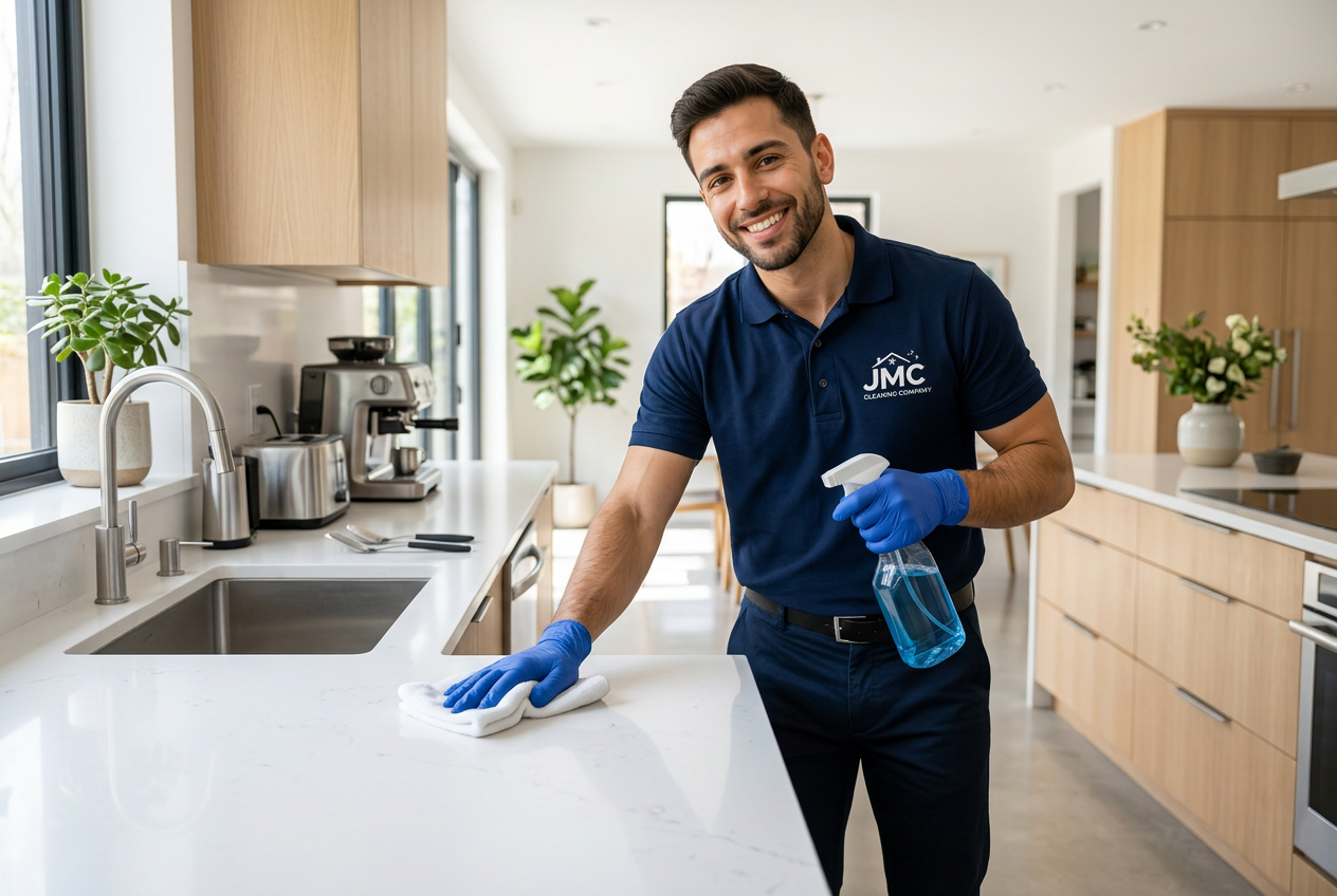 JMC Cleaning Company professional in navy uniform cleaning a bright modern kitchen worktop