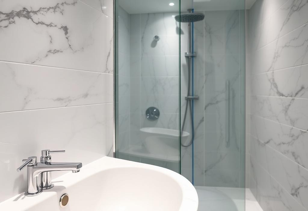 Deep cleaned bathroom with gleaming marble tiles and polished chrome taps