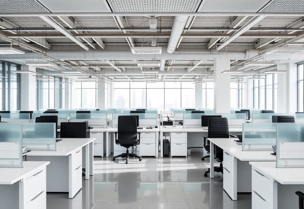 Tidy modern open-plan office with polished floors and clean desks